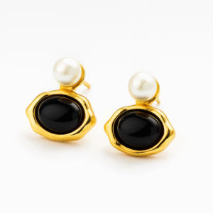 Pearl & Black Stone Stud Earrings