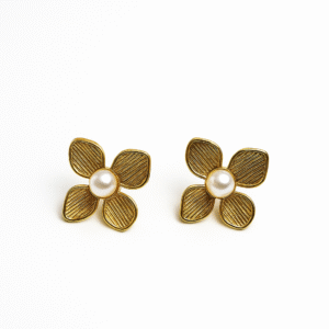 Gold Floral Pearl Stud Earrings