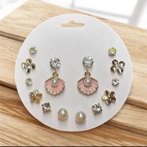 9 Pairs Fashion Earrings Set – Crystal, Pearl & Floral Studs with Seashell Drops