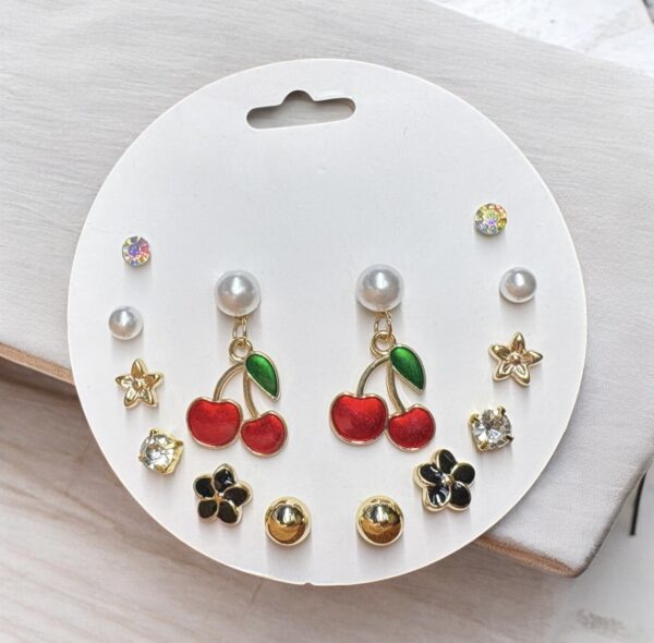9 Pairs Cute Earrings Set – Cherry Drop, Pearl, Floral & Crystal Studs