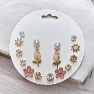 9 Pairs Floral Earrings Set – Rose Drop, Crystal, Pearl & Cute Studs