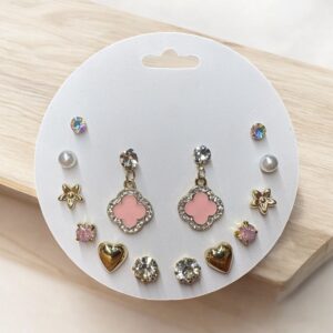 9 Pairs Stylish Earrings Set – Clover Drop, Pearl, Heart & Crystal Studs