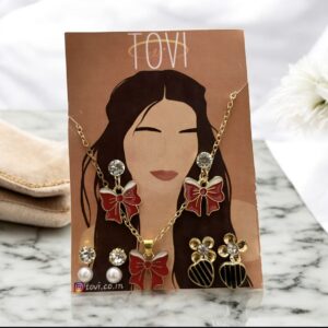 Red Bow Charm Necklace & Multi-Earring Set