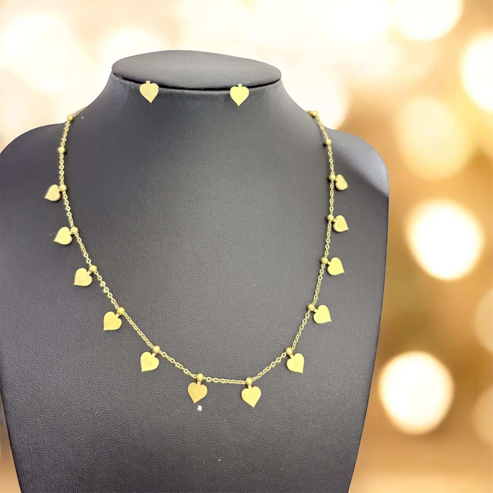 Golden Heart Charm Necklace & Stud Set